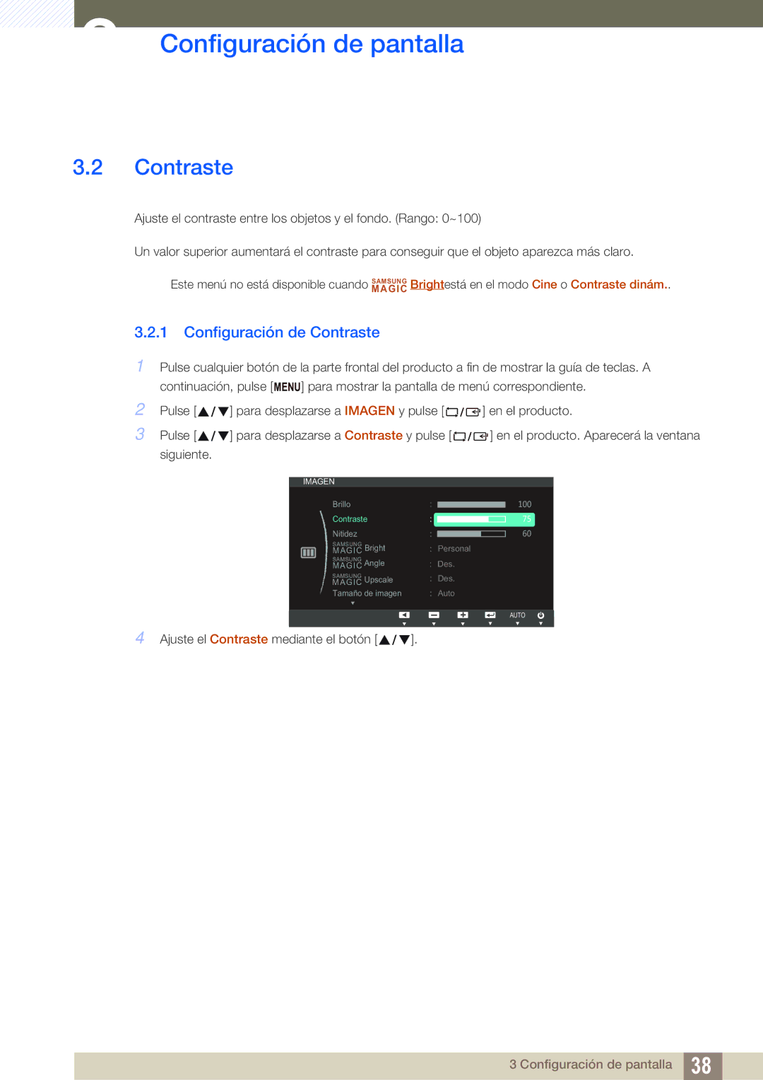 Samsung LS24C20KBL/EN, LS19C20KNY/EN, LS22C20KNY/EN, LS19C20KNW/EN, LS22C20KBS/EN manual Configuración de Contraste 