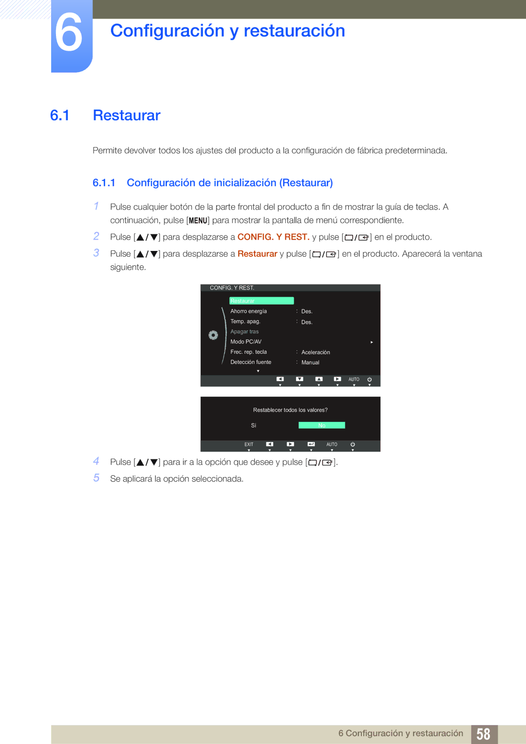 Samsung LS24C20KBL/EN, LS19C20KNY/EN manual Configuración y restauración, Configuración de inicialización Restaurar 