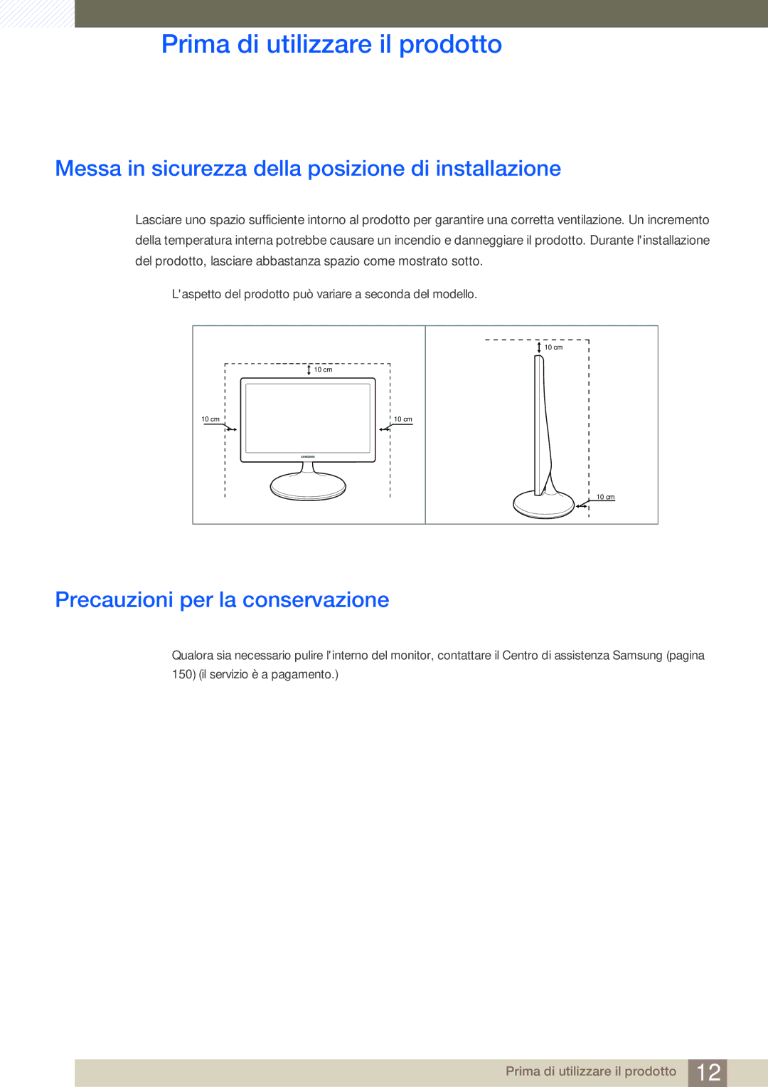 Samsung LS19C300BS/EN, LS22C300BS/EN Messa in sicurezza della posizione di installazione, Precauzioni per la conservazione 