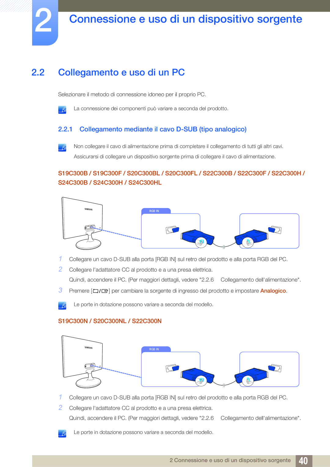Samsung LS19C300BS/EN, LS22C300BS/EN manual Collegamento e uso di un PC, Collegamento mediante il cavo D-SUB tipo analogico 