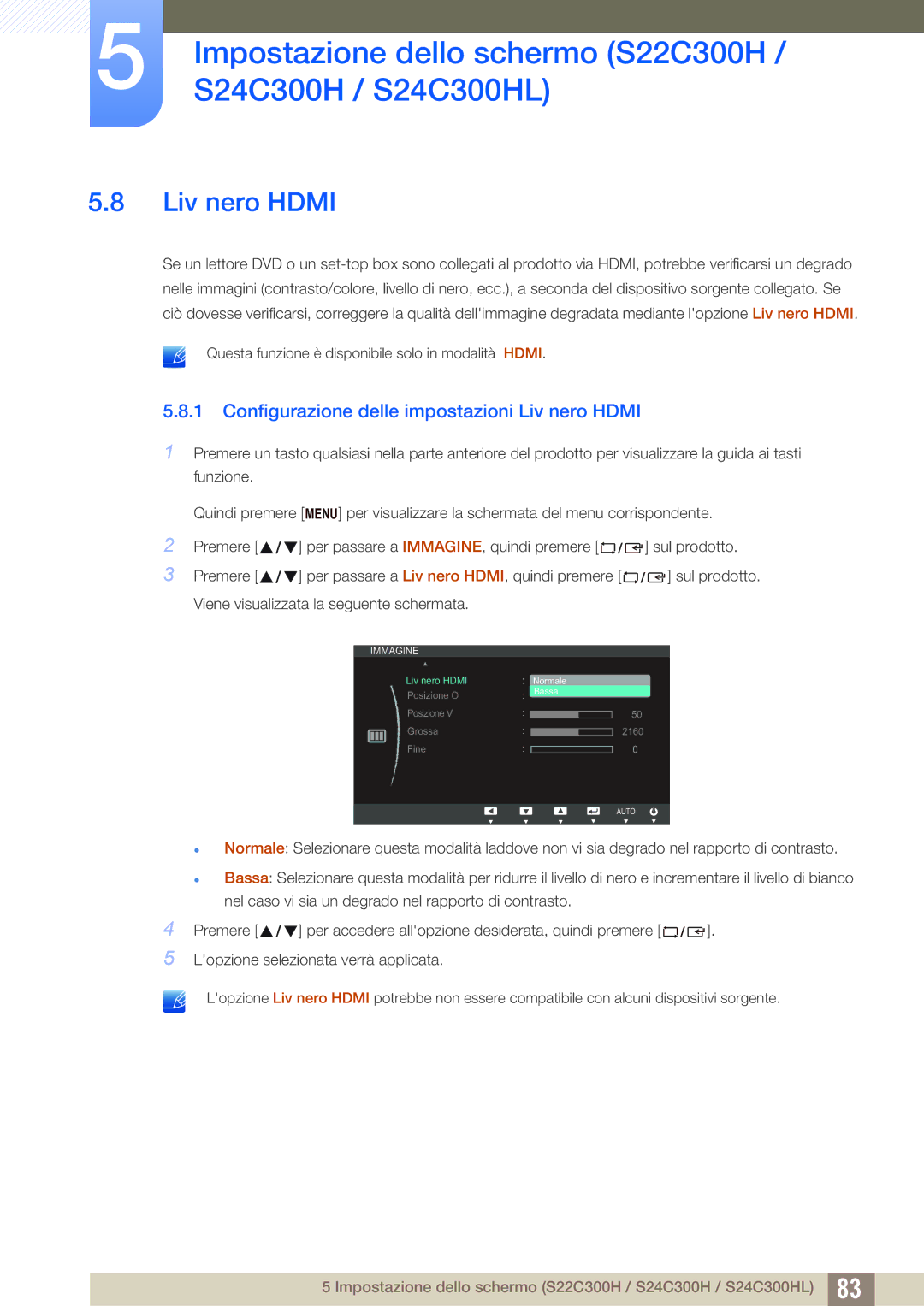 Samsung LS24B300HL/EN, LS19C300BS/EN, LS22C300BS/EN, LS22C300HS/EN manual Configurazione delle impostazioni Liv nero Hdmi 