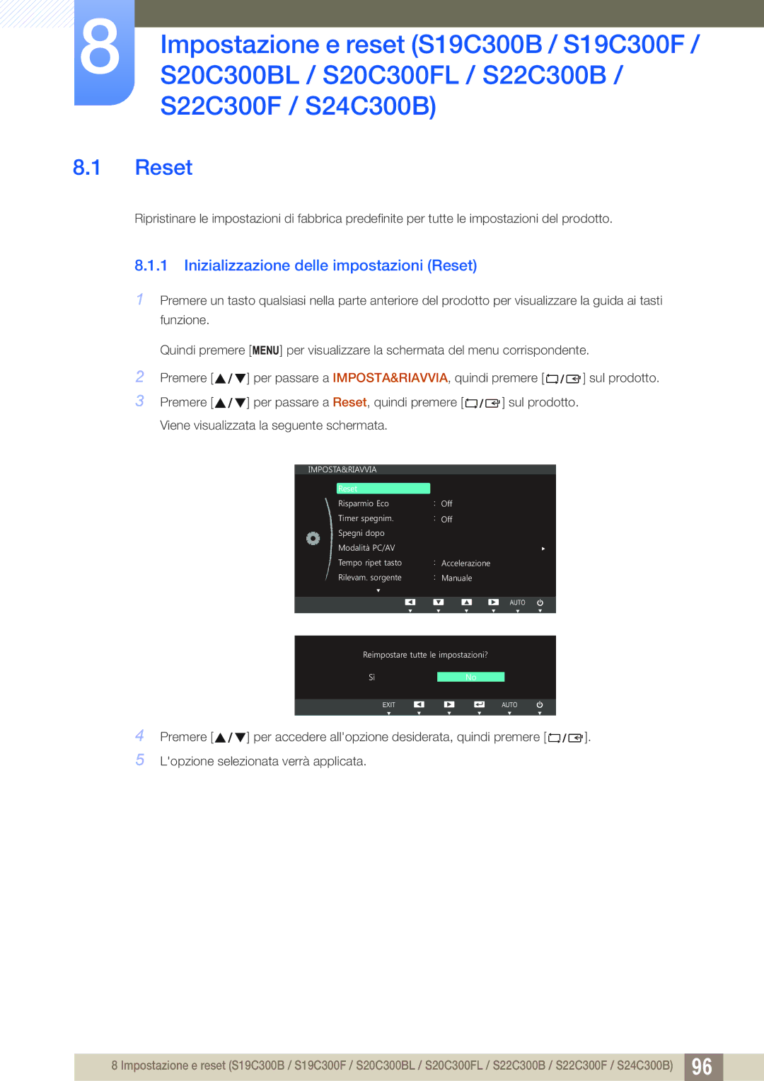 Samsung LS19C300BS/EN, LS22C300BS/EN, LS22C300HS/EN, LS24B300HL/EN manual Inizializzazione delle impostazioni Reset 