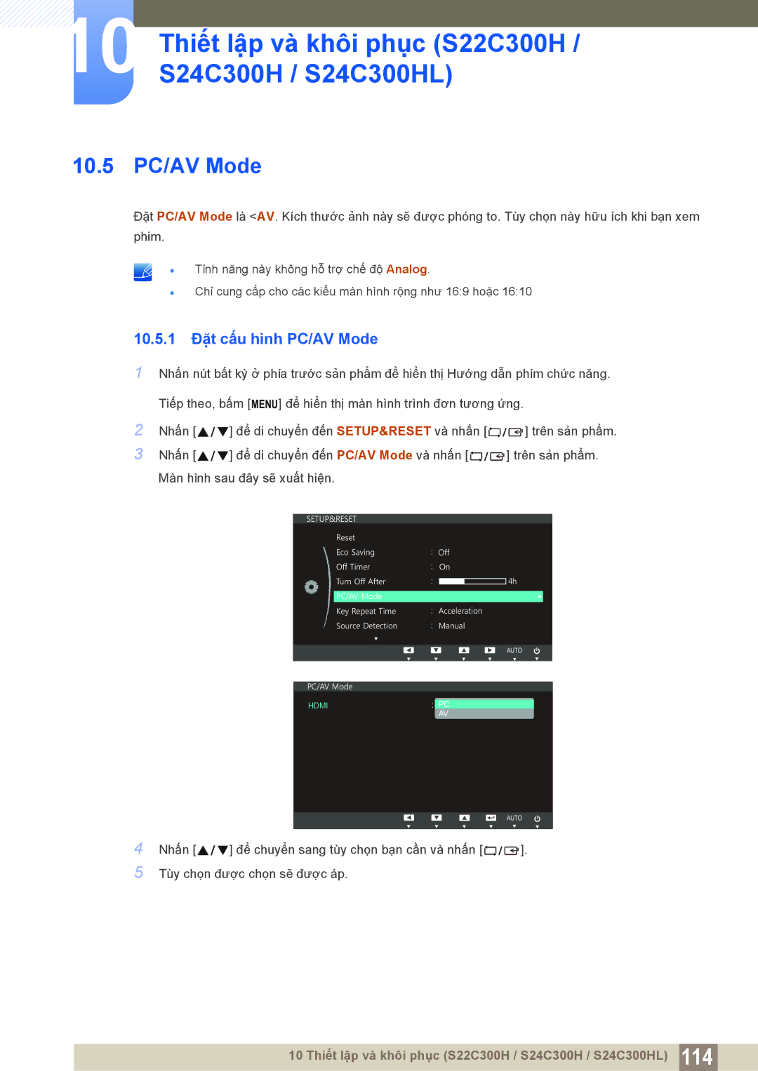 Samsung LS19C300BSMXV, LS20C300BLMXV, LS22C300BSMXV manual 10.5 PC/AV Mode, 10.5.1 Đặt cấu hình PC/AV Mode 