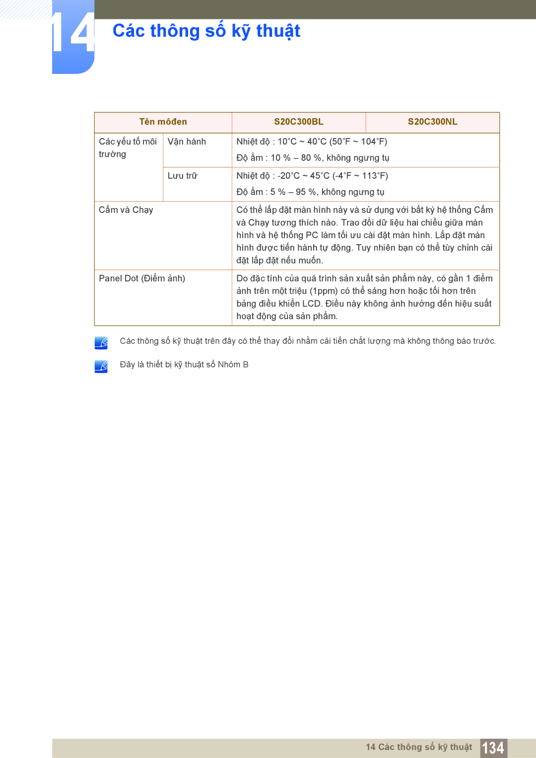 Samsung LS22C300BSMXV, LS19C300BSMXV, LS20C300BLMXV manual 14 Các thông số kỹ thuật 