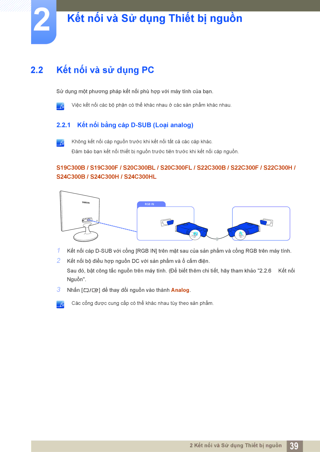 Samsung LS19C300BSMXV, LS20C300BLMXV, LS22C300BSMXV manual Kết nối và sử dụng PC, 1 Kết nối bằng cáp D-SUB Loại analog 