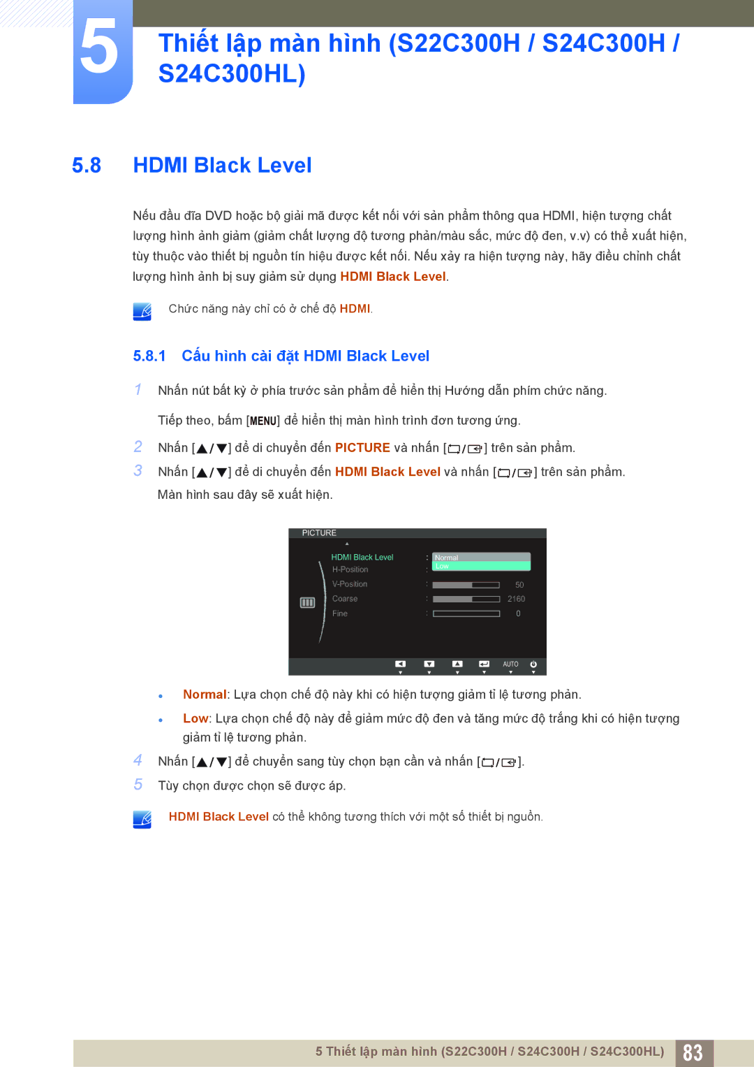 Samsung LS22C300BSMXV, LS19C300BSMXV, LS20C300BLMXV manual 1 Cấu hình cài đặt Hdmi Black Level 