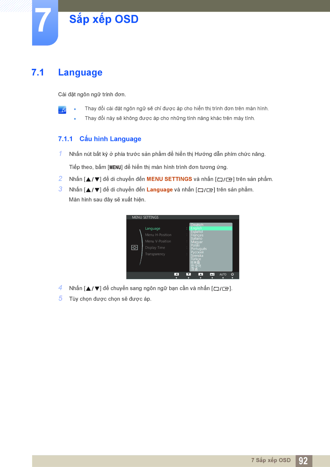 Samsung LS22C300BSMXV, LS19C300BSMXV, LS20C300BLMXV manual Sắp xếp OSD, 1 Cấu hình Language 