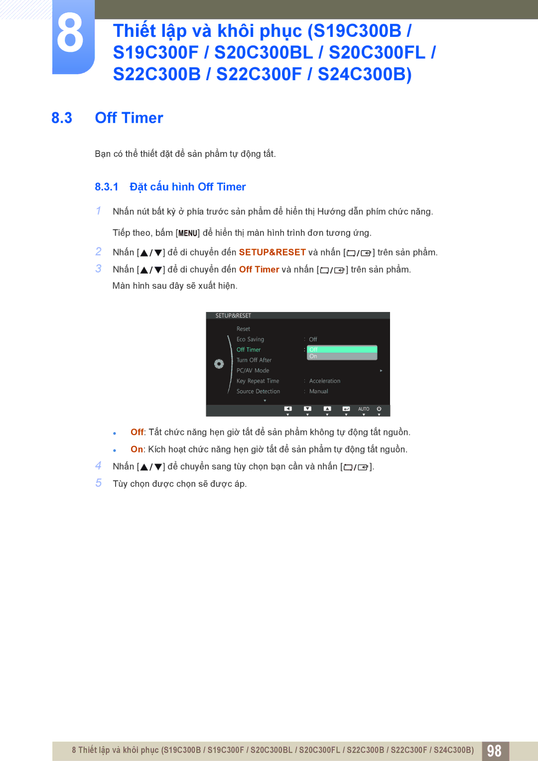 Samsung LS22C300BSMXV, LS19C300BSMXV, LS20C300BLMXV manual 1 Đặt cấu hình Off Timer 
