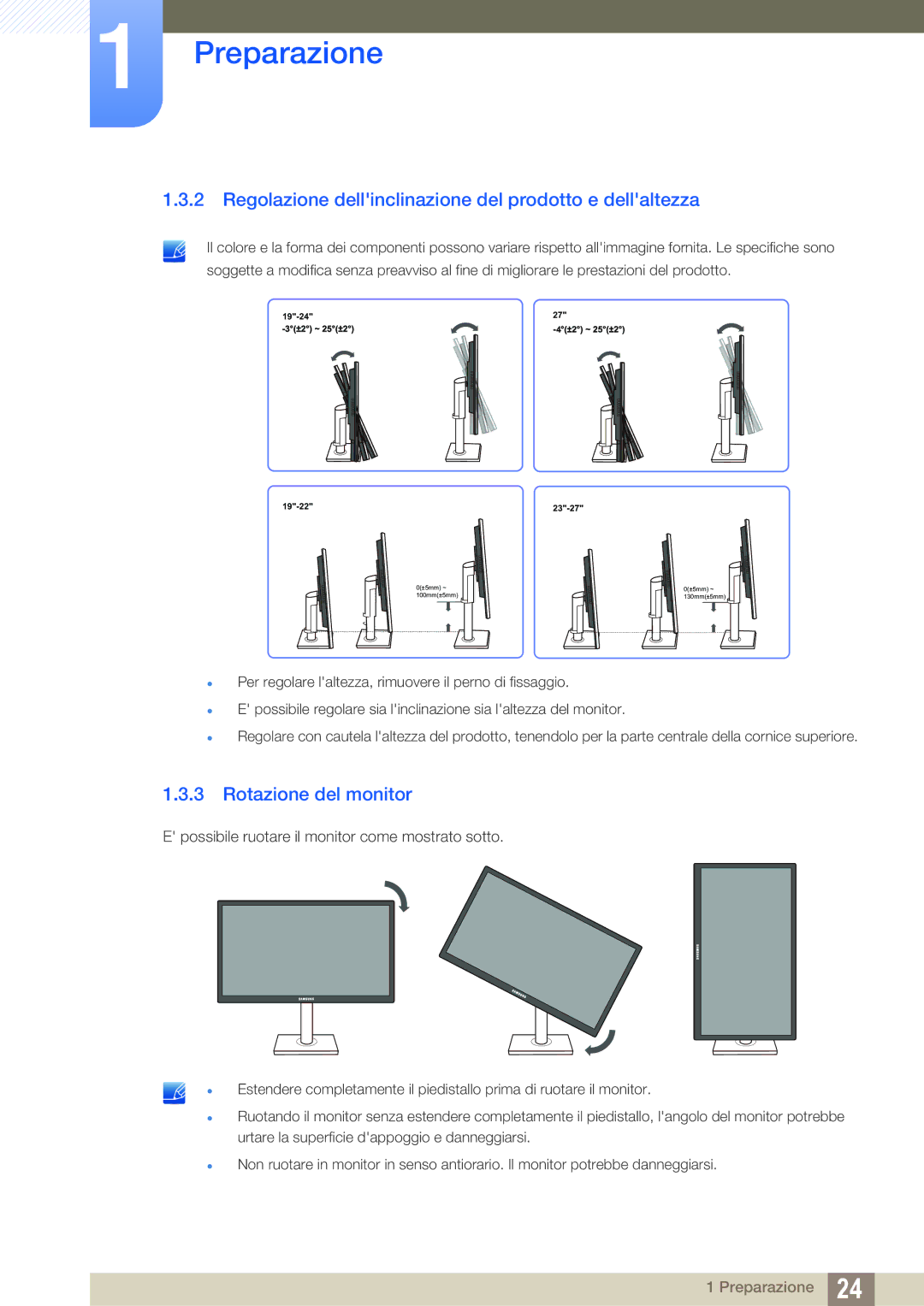 Samsung LS24C45KMS/EN, LS19C45KMRV/EN manual Regolazione dellinclinazione del prodotto e dellaltezza, Rotazione del monitor 