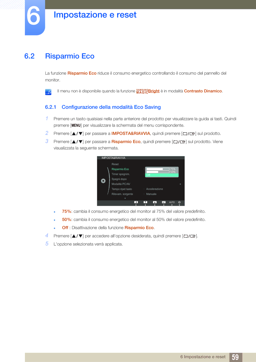 Samsung LS24C45KMWV/EN, LS19C45KMRV/EN, LS22C45KMSV/EN manual Risparmio Eco, Configurazione della modalità Eco Saving 