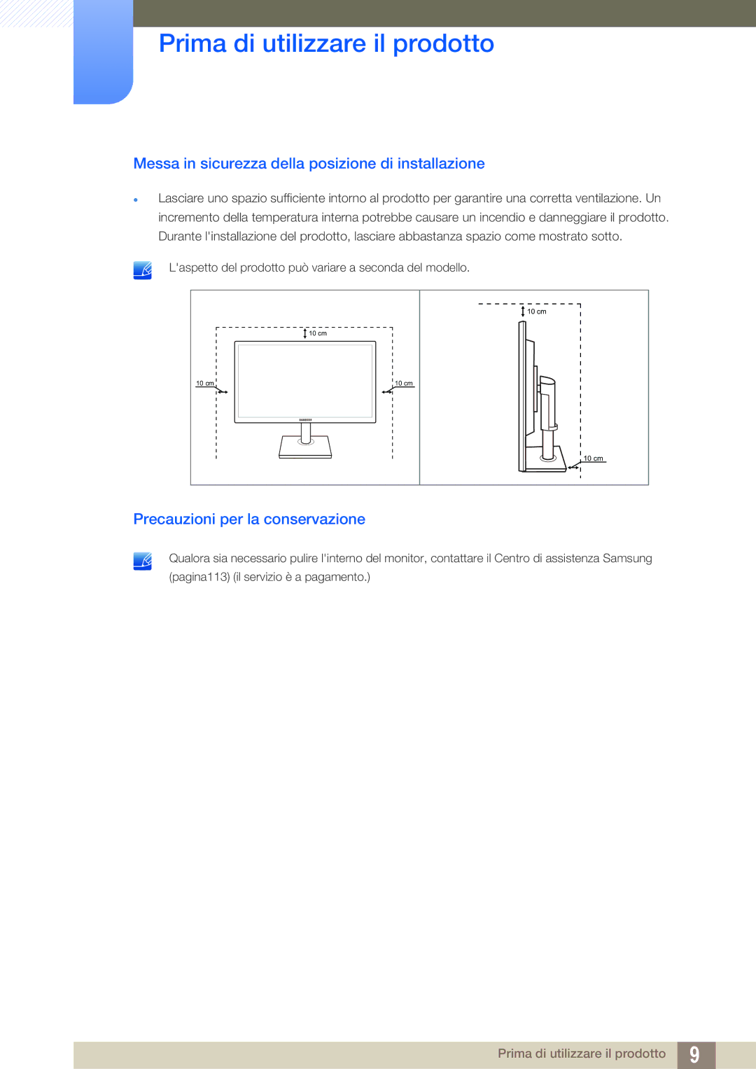 Samsung LS19C45KMRV/EN manual Messa in sicurezza della posizione di installazione, Precauzioni per la conservazione 