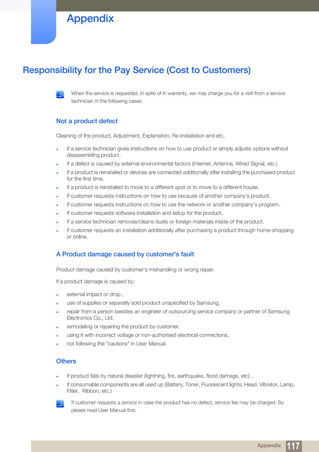 Samsung LS22C45KMW/EN, LS19C45KMRV/EN Responsibility for the Pay Service Cost to Customers, Not a product defect, Others 