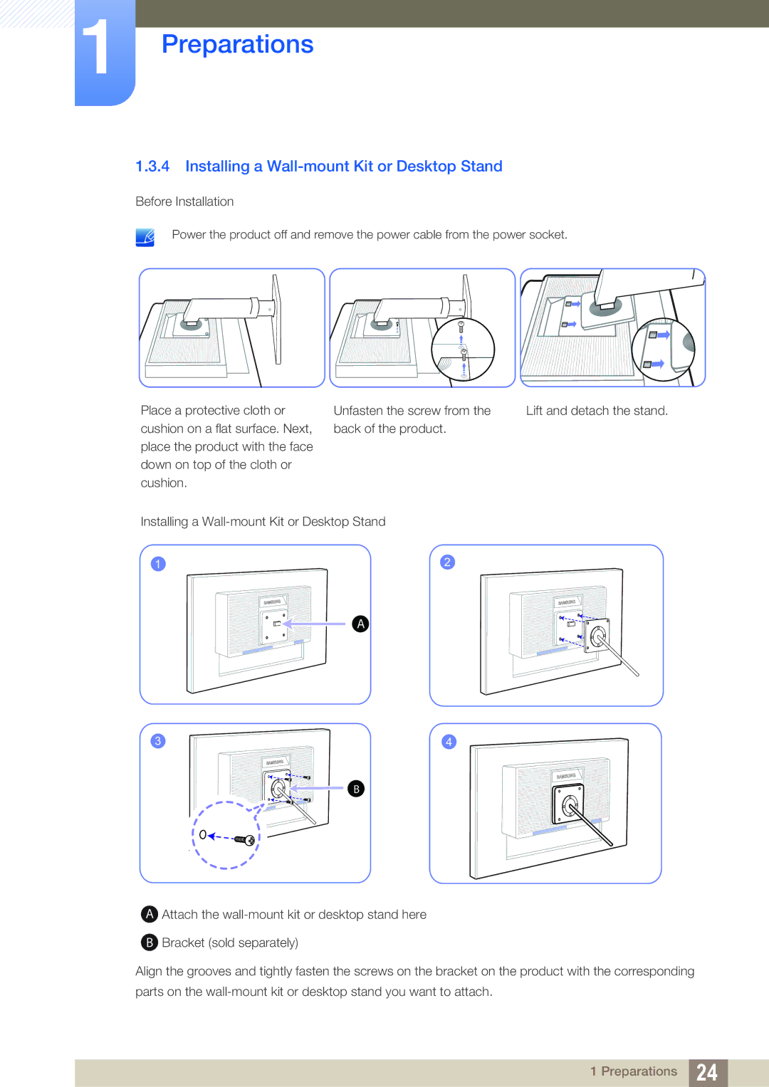 Samsung LS24C45ZMSV/EN, LS19C45KMRV/EN, LS22C45KMSV/EN, LS22C45XMWV/EN manual Installing a Wall-mount Kit or Desktop Stand 