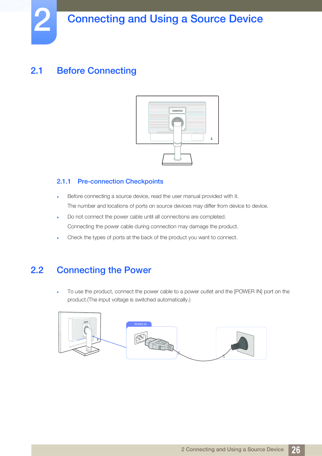 Samsung LS24C45KMW/EN, LS19C45KMRV/EN manual Connecting and Using a Source Device, Before Connecting, Connecting the Power 