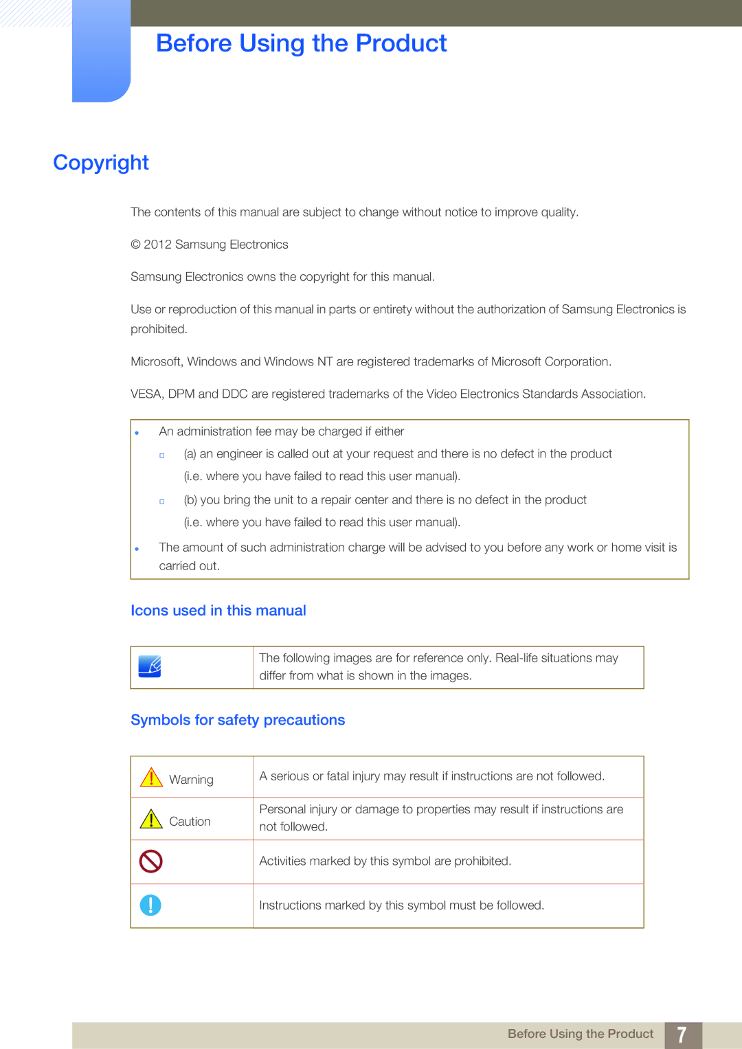 Samsung LS23C45KMS/EN Before Using the Product, Copyright, Icons used in this manual, Symbols for safety precautions 