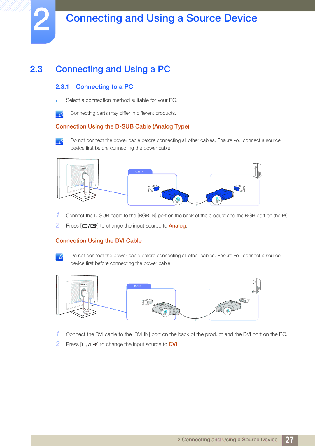 Samsung LS24C45KBW/EN, LS19C45KMRV/EN, LS22C45KMSV/EN, LS22C45XMWV/EN manual Connecting and Using a PC, Connecting to a PC 