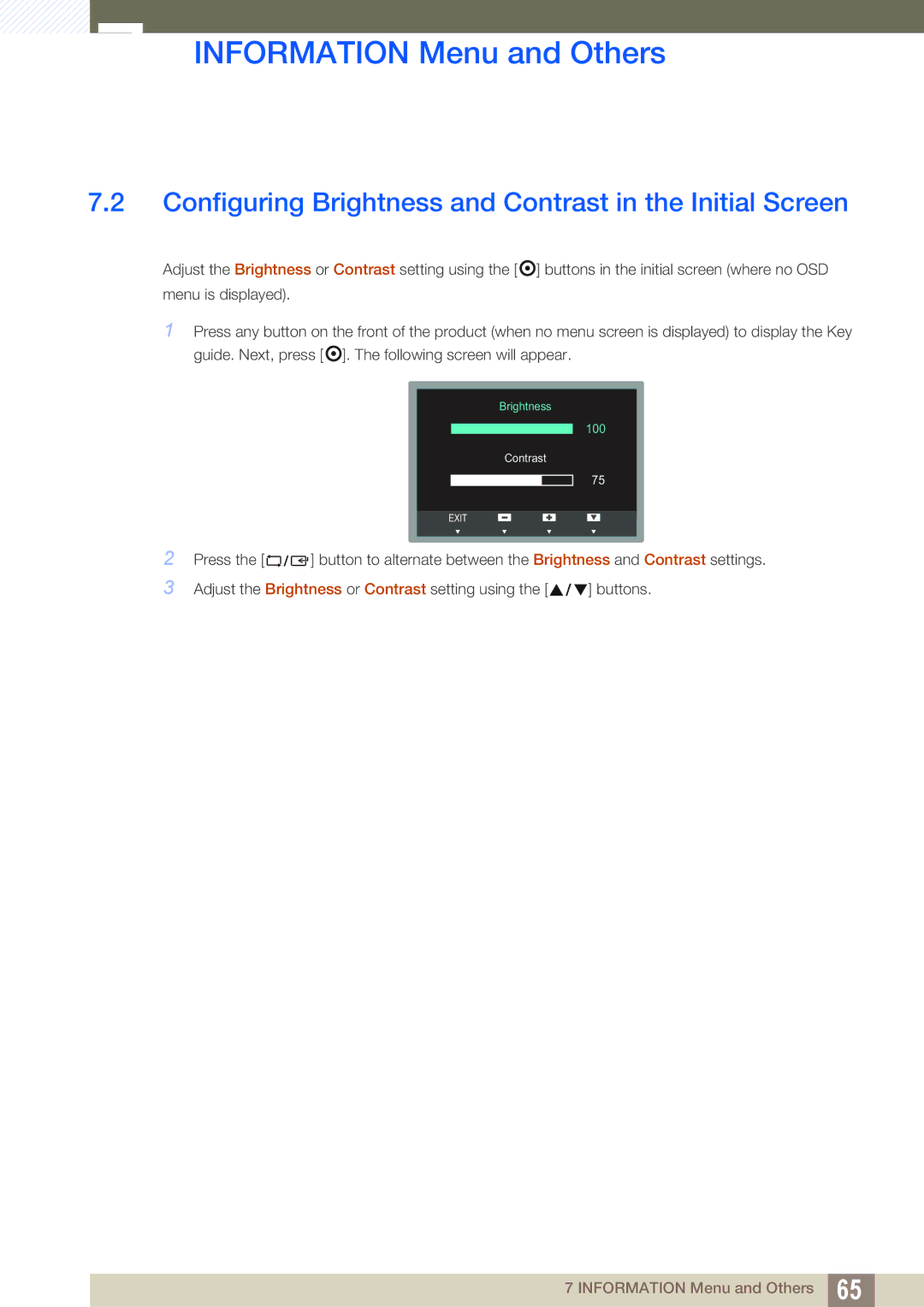 Samsung LS24C45KBSV/EN, LS19C45KMRV/EN, LS22C45KMSV/EN manual Configuring Brightness and Contrast in the Initial Screen 