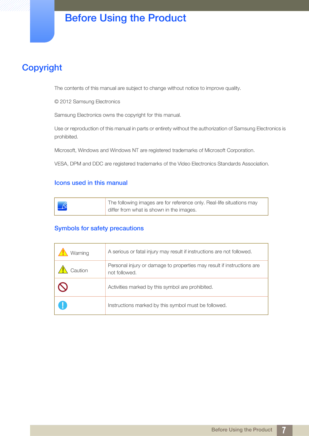 Samsung LS23C45KMS/EN Before Using the Product, Copyright, Icons used in this manual, Symbols for safety precautions 