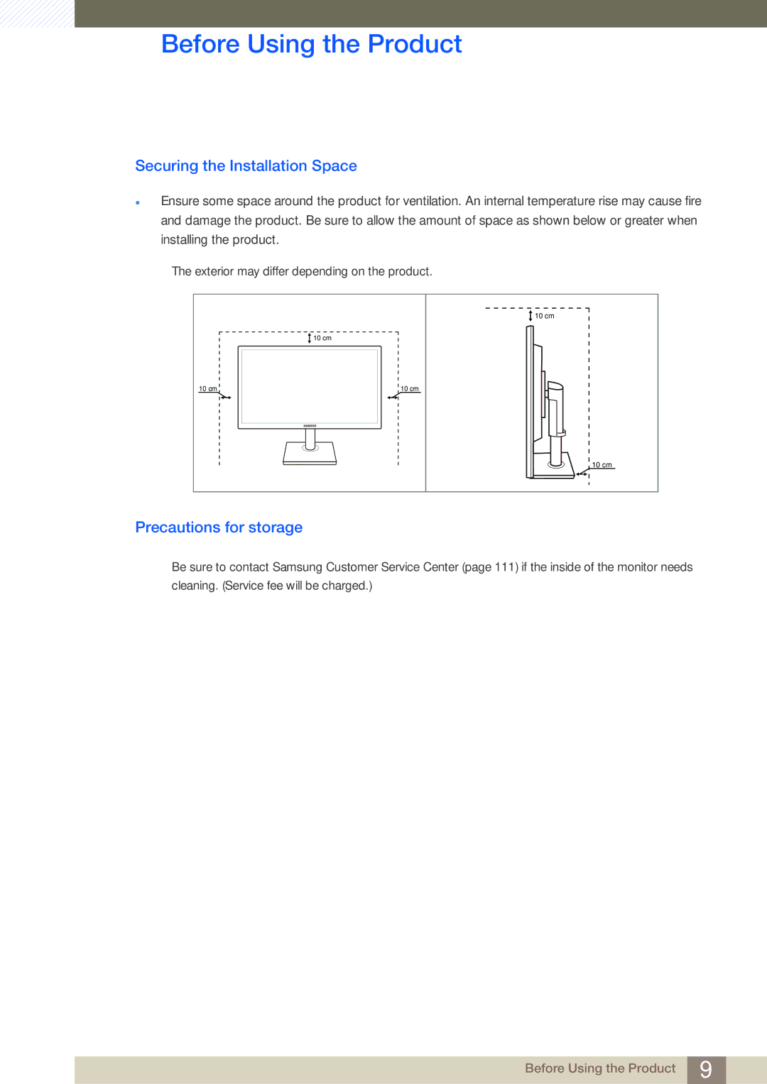 Samsung LS22C45KMWV/EN, LS19C45KMRV/EN, LS22C45KMSV/EN manual Securing the Installation Space, Precautions for storage 