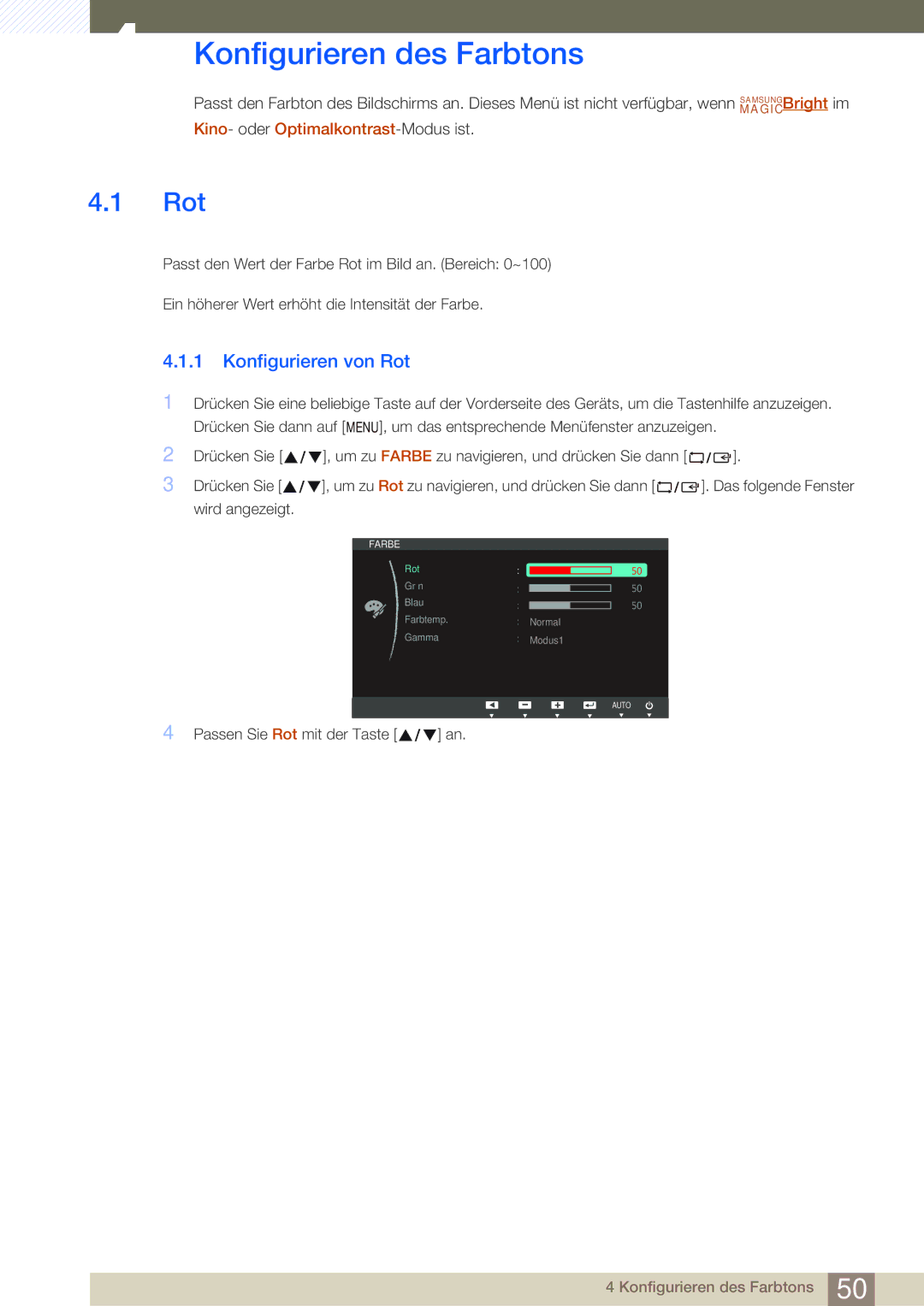 Samsung LS22C45XMWV/EN, LS19C45KMRV/EN, LS22C45KMSV/EN, LS19C45KMWV/EN Konfigurieren des Farbtons, Konfigurieren von Rot 