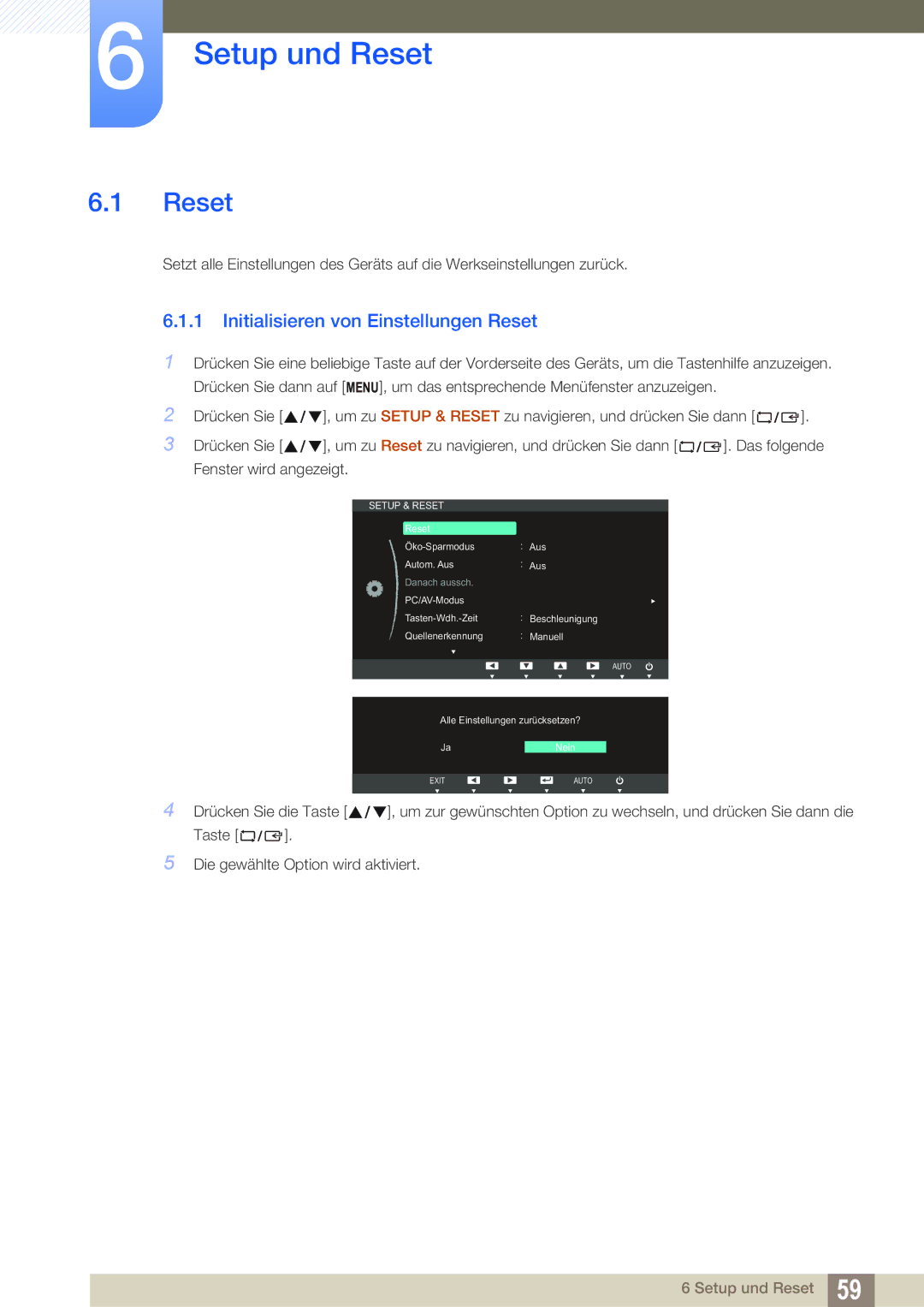 Samsung LS24C45KMS/EN, LS19C45KMRV/EN, LS22C45KMSV/EN, LS22C45KMS/EN Setup und Reset, Initialisieren von Einstellungen Reset 