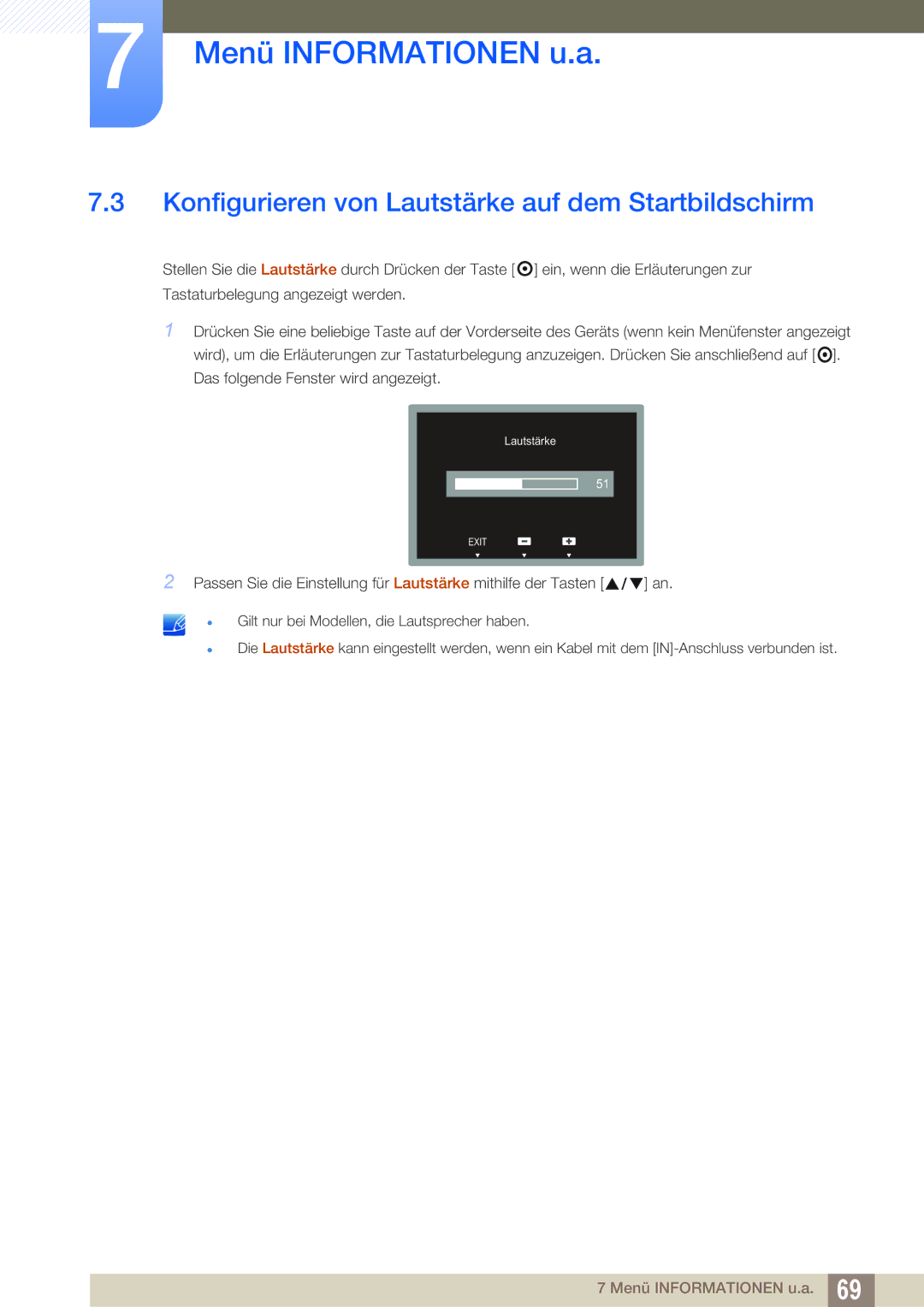 Samsung LS24C45KMSV/EN, LS19C45KMRV/EN, LS22C45KMSV/EN, LS22C45XMWV/EN Konfigurieren von Lautstärke auf dem Startbildschirm 