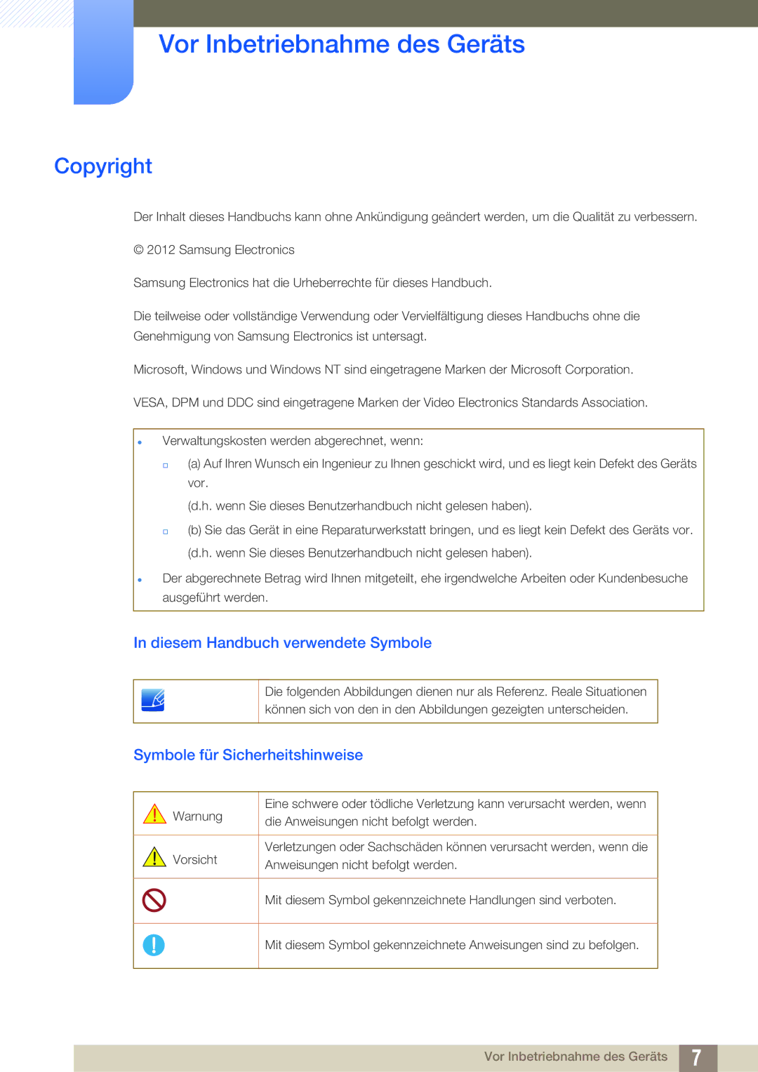 Samsung LS19C45KBR/EN, LS19C45KMRV/EN manual Vor Inbetriebnahme des Geräts, Copyright, Diesem Handbuch verwendete Symbole 