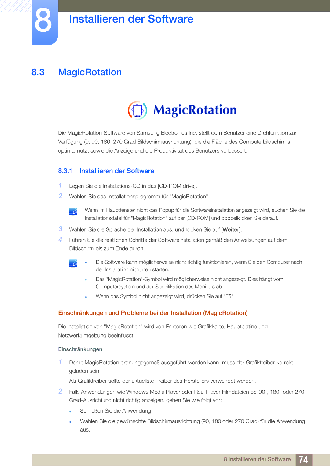 Samsung LS22C45XMWV/EN, LS19C45KMRV/EN, LS22C45KMSV/EN, LS19C45KMWV/EN, LS22C45KMS/EN manual MagicRotation, Einschränkungen 