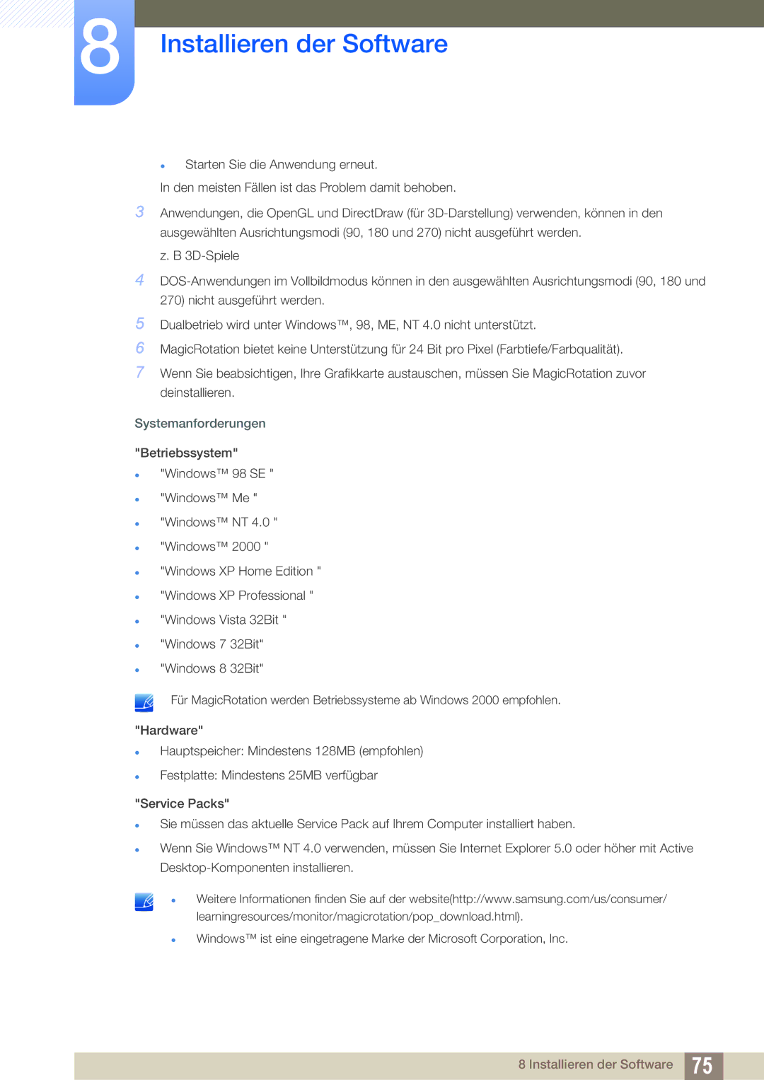 Samsung LS19C45KMWV/EN, LS19C45KMRV/EN, LS22C45KMSV/EN, LS22C45XMWV/EN, LS22C45KMS/EN manual Systemanforderungen Betriebssystem 