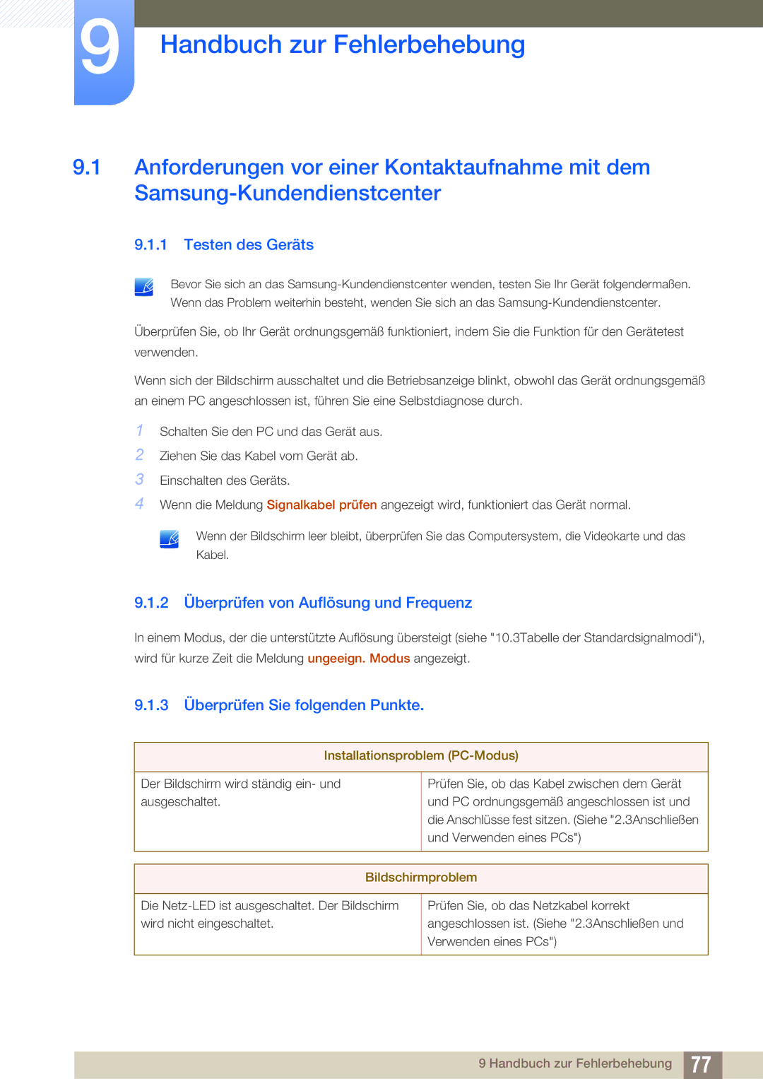 Samsung LS22C45KBSV/EN manual Handbuch zur Fehlerbehebung, Testen des Geräts, 2 Überprüfen von Auflösung und Frequenz 