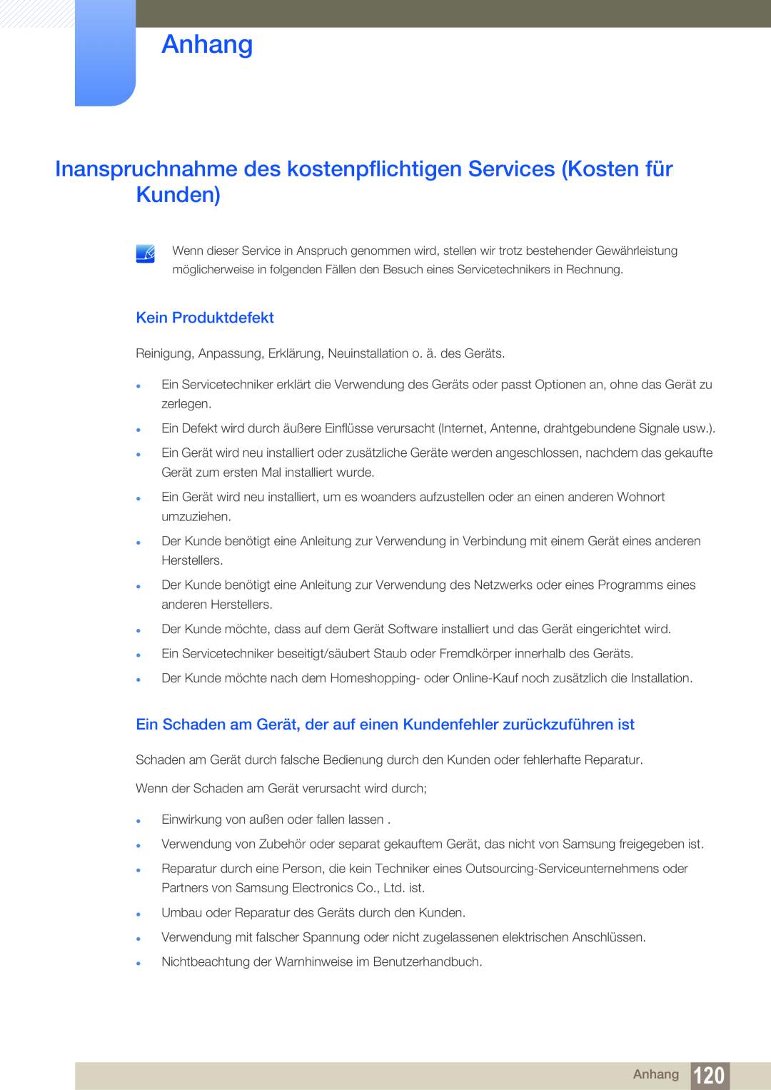 Samsung LS19C45KMRV/EN manual Inanspruchnahme des kostenpflichtigen Services Kosten für Kunden, Kein Produktdefekt, Anhang 