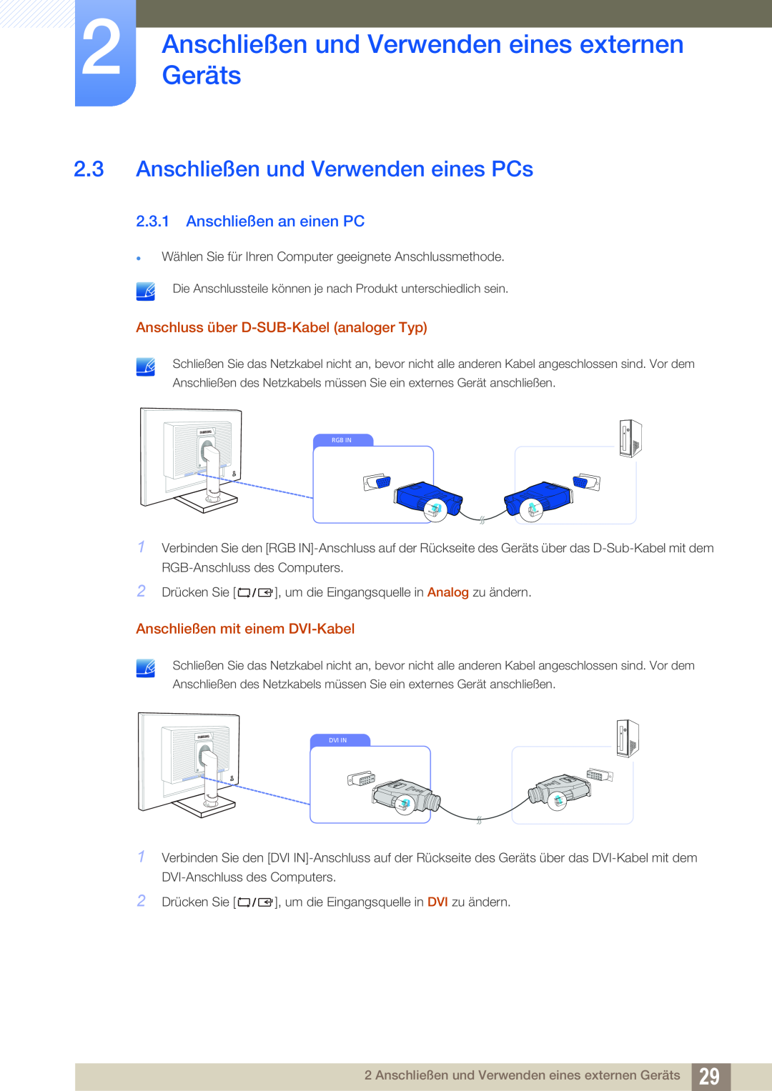 Samsung LS22C45KBSV/EN manual Anschließen und Verwenden eines PCs, Anschließen an einen PC, Anschließen mit einem DVI-Kabel 