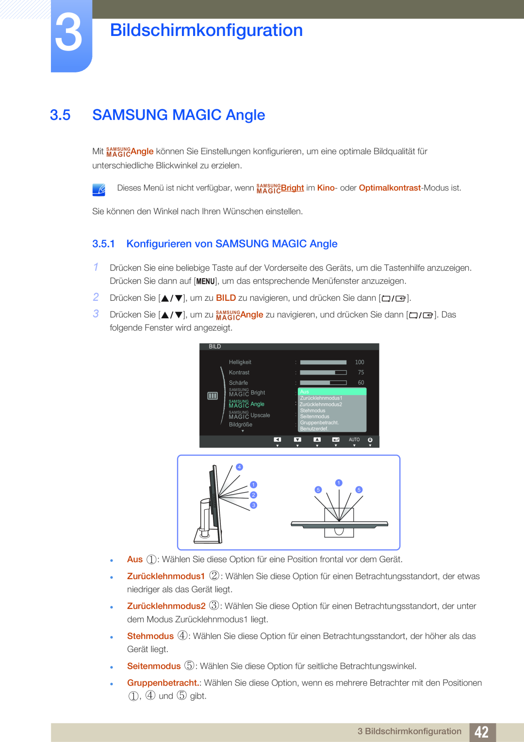 Samsung LS24C45ZMSV/EN, LS19C45KMRV/EN, LS22C45KMSV/EN Konfigurieren von SAMSUNG MAGIC Angle, Bildschirmkonfiguration 