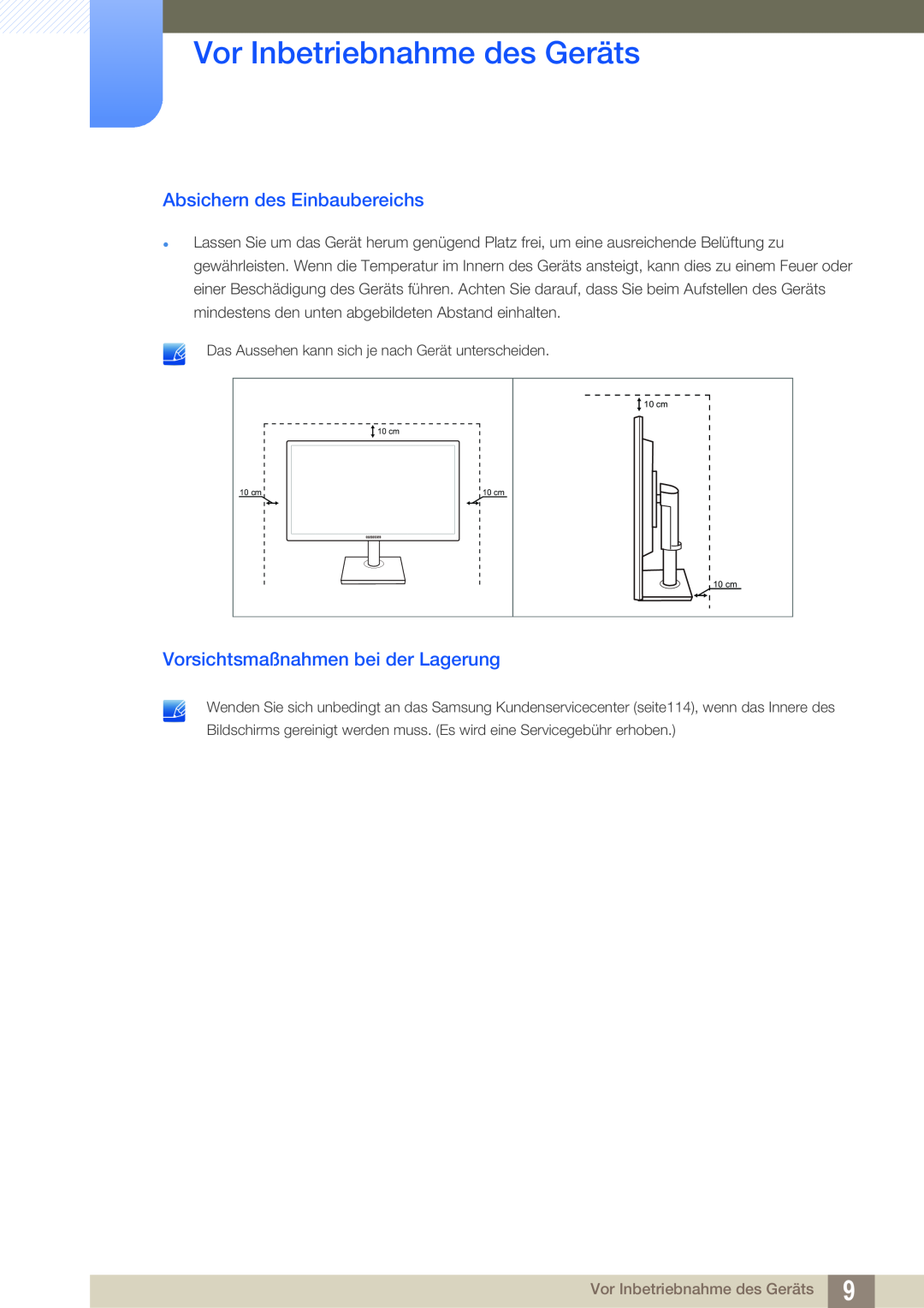 Samsung LS24C45KBS/EN Absichern des Einbaubereichs, Vorsichtsmaßnahmen bei der Lagerung, Vor Inbetriebnahme des Geräts 