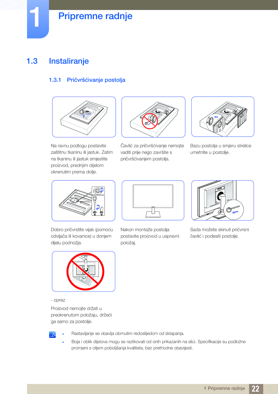 Samsung LS22C45KMWV/EN, LS19C45KMWV/EN, LS22C45KMS/EN, LS19C45KMR/EN, LS19C45KBR/EN Instaliranje, 1 Pričvršćivanje postolja 