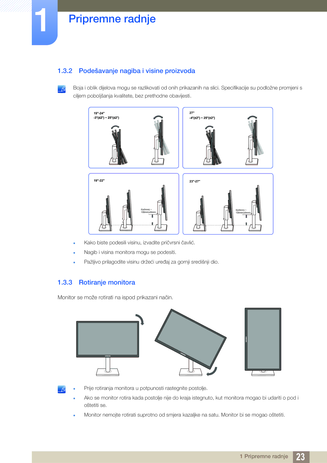 Samsung LS19C45KMR/EN, LS19C45KMWV/EN, LS22C45KMS/EN manual Podešavanje nagiba i visine proizvoda, Rotiranje monitora 