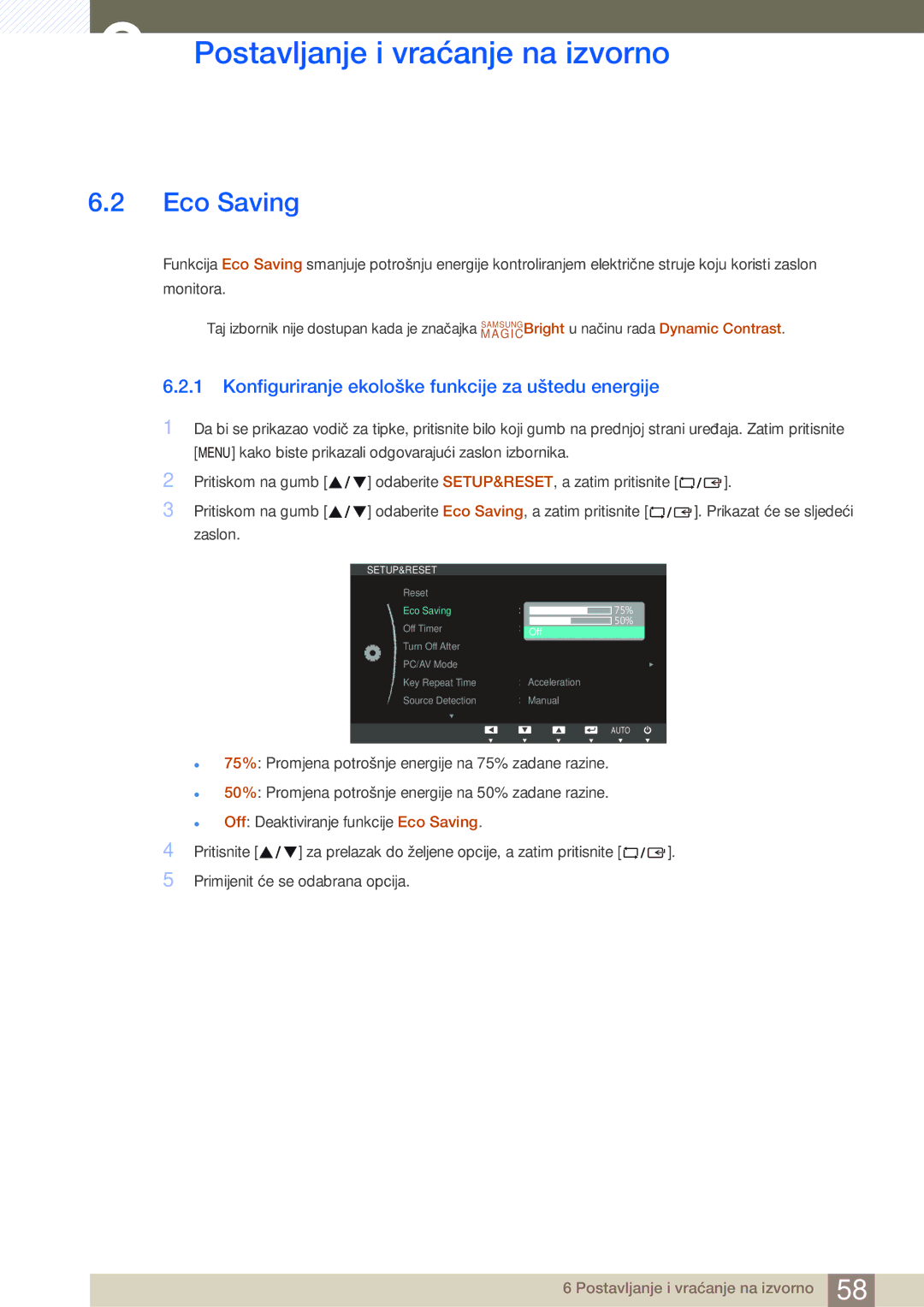 Samsung LS23C45KBS/EN, LS19C45KMWV/EN, LS22C45KMS/EN manual Eco Saving, Konfiguriranje ekološke funkcije za uštedu energije 