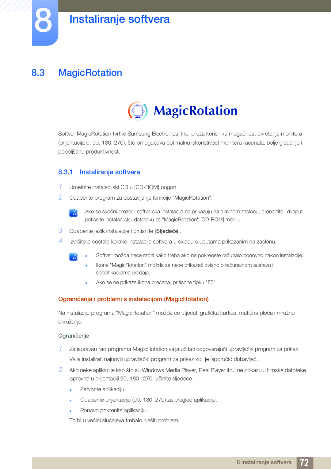 Samsung LS22C45KBW/EN, LS19C45KMWV/EN, LS22C45KMS/EN, LS22C45KMWV/EN Ograničenja i problemi s instalacijom MagicRotation 