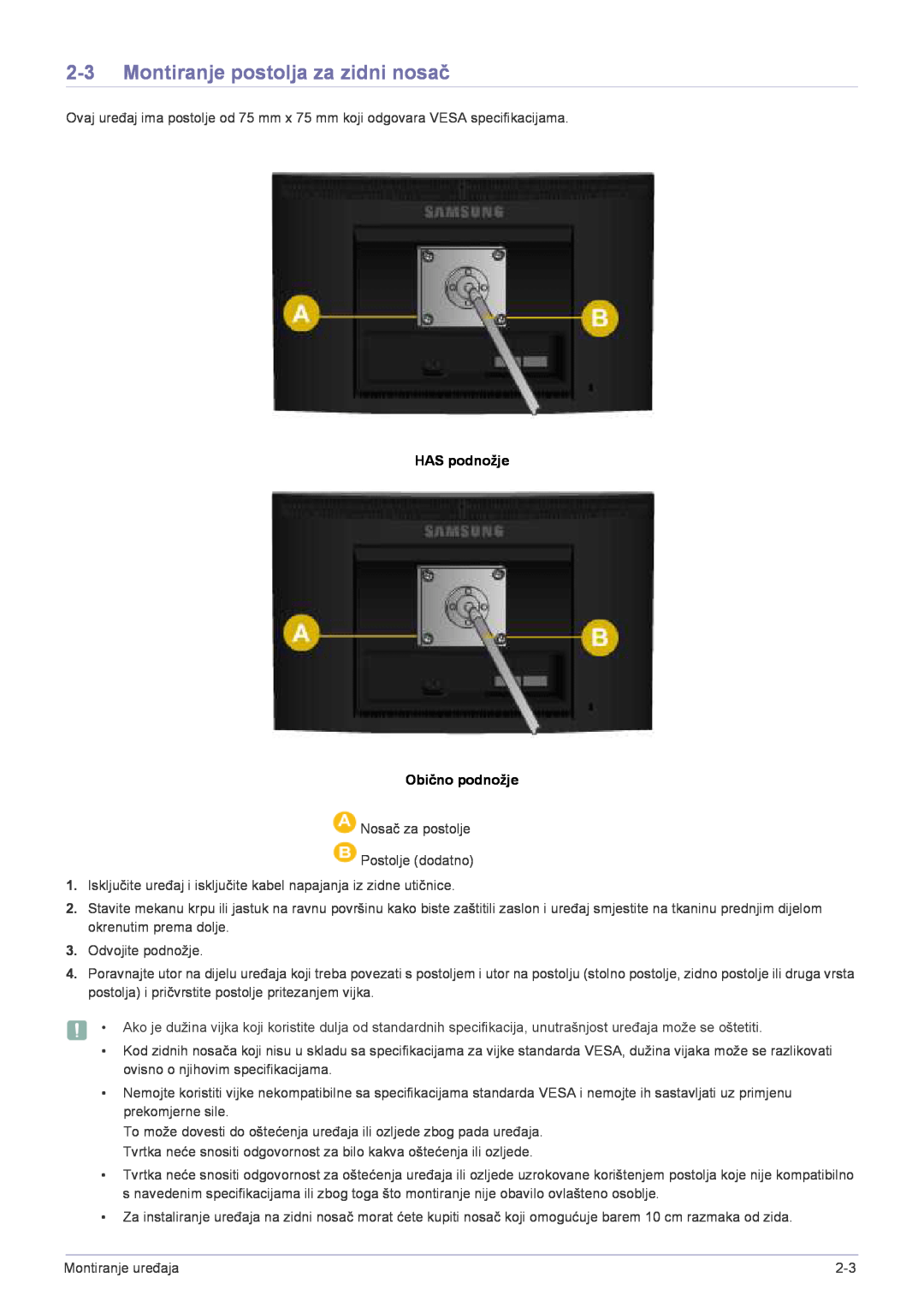 Samsung LS22CLYSB/EN, LS19CBRMS/EN, LS19CBBMS/EN manual Montiranje postolja za zidni nosač, HAS podnožje Obično podnožje 