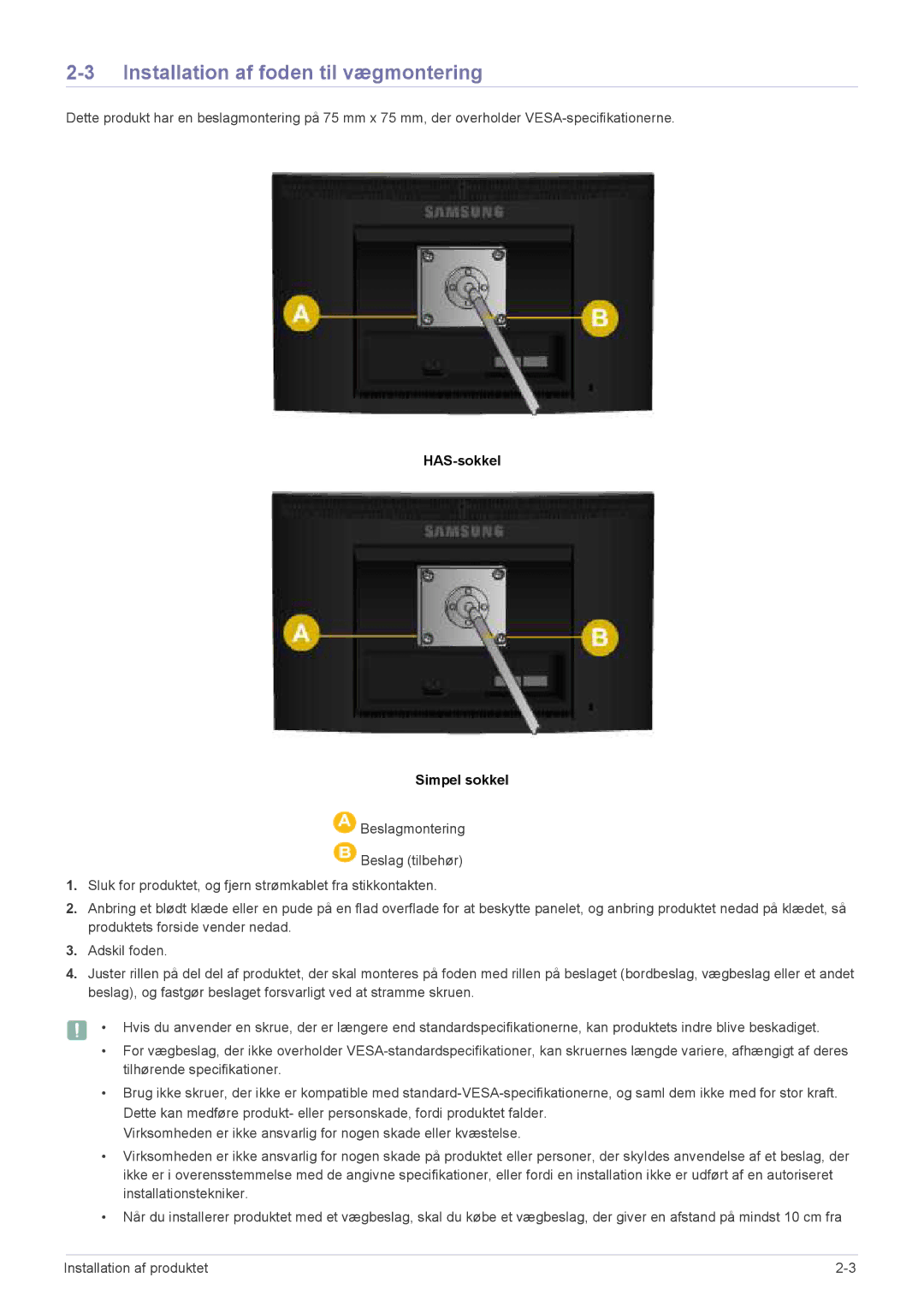 Samsung LS22CBKMBV/EN, LS19CBRMS/EN, LS22CLZSB/EN manual Installation af foden til vægmontering, HAS-sokkel Simpel sokkel 