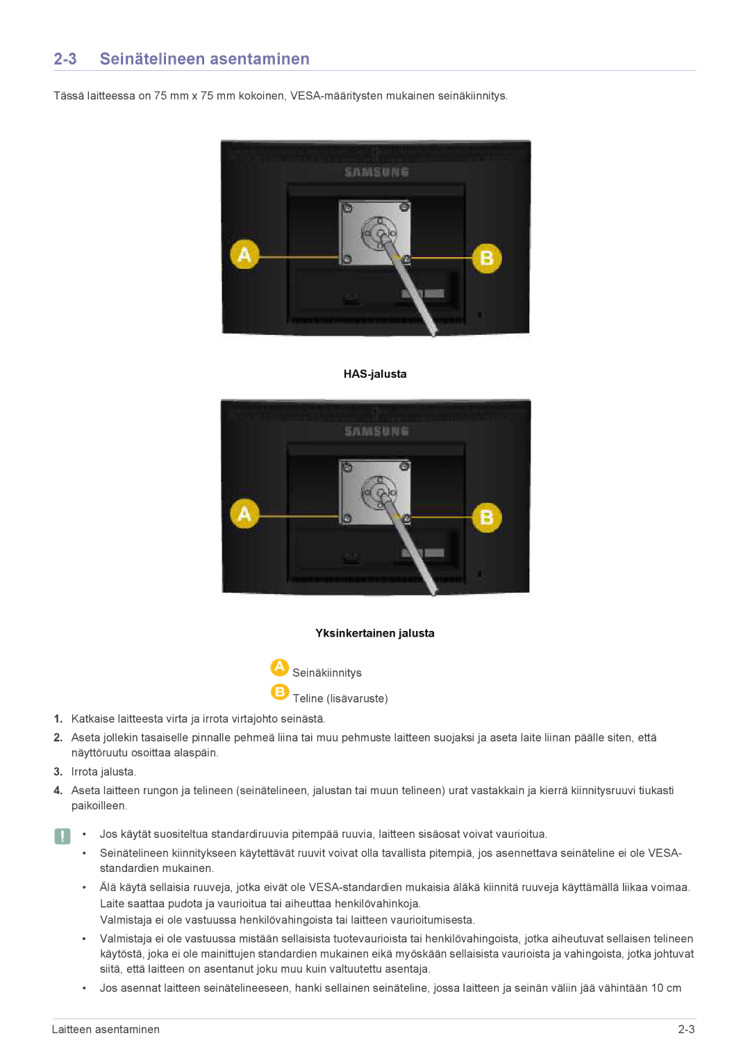 Samsung LS22CBKMBV/EN, LS19CBRMS/EN, LS22CLZSB/EN manual Seinätelineen asentaminen, HAS-jalusta Yksinkertainen jalusta 