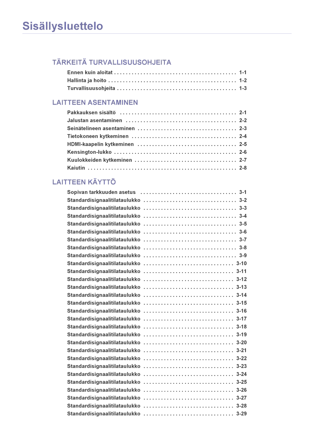 Samsung LS19CBBMS/EN, LS19CBRMS/EN, LS22CLZSB/EN Sisällysluettelo, Sopivan tarkkuuden asetus Standardisignaalitilataulukko 