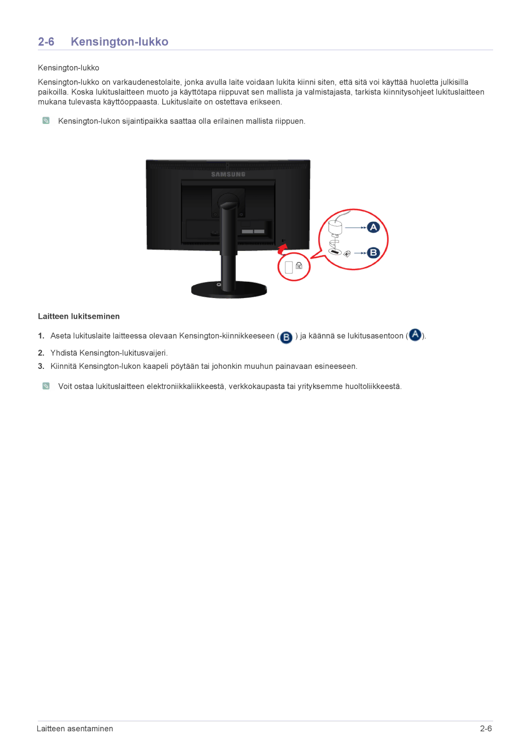 Samsung LS17CLASB/EN, LS19CBRMS/EN, LS22CLZSB/EN, LS19CBBMS/EN, LS22CBRMSV/EN manual Kensington-lukko, Laitteen lukitseminen 