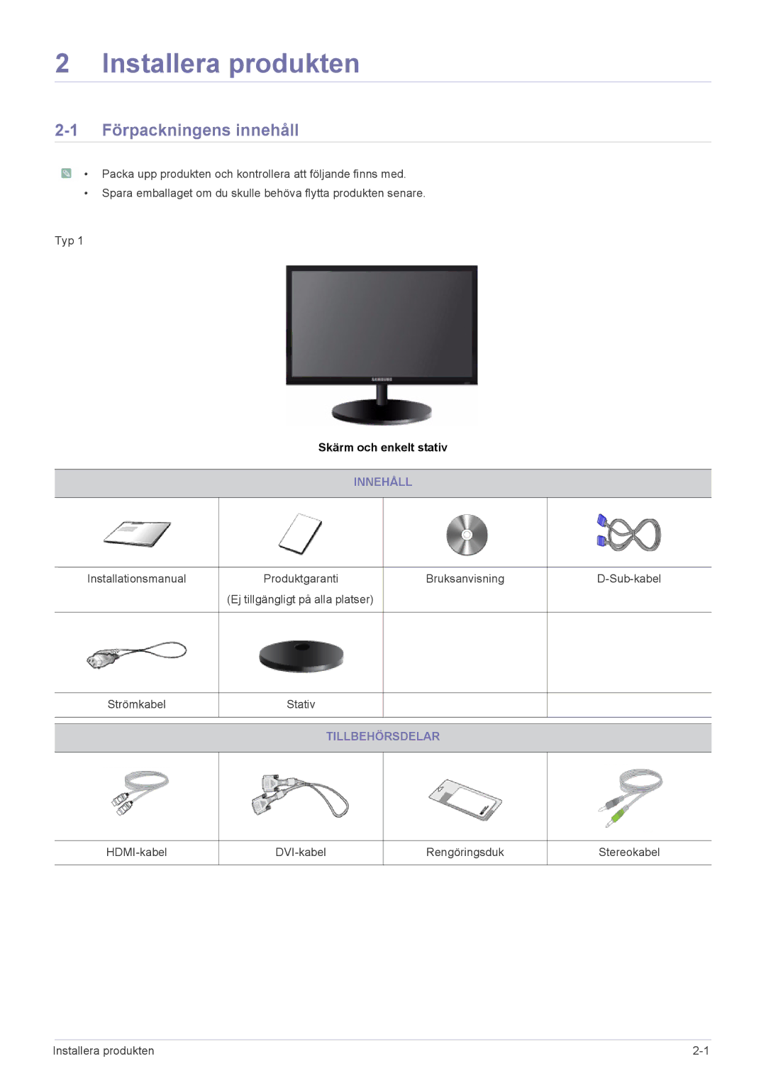 Samsung LS19CBBMB/EN, LS19CBRMS/EN, LS22CLZSB/EN, LS19CBBMS/EN, LS22CBRMSV/EN Installera produkten, Förpackningens innehåll 