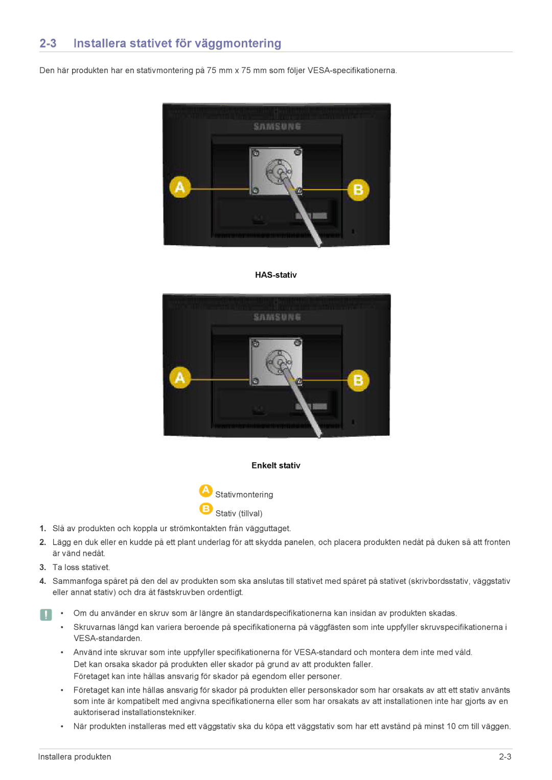 Samsung LS22CBKMBV/EN, LS19CBRMS/EN, LS22CLZSB/EN manual Installera stativet för väggmontering, HAS-stativ Enkelt stativ 