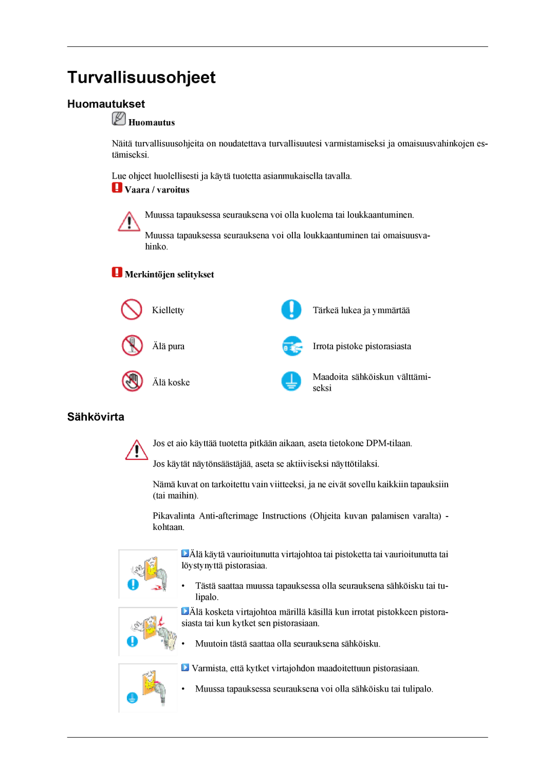 Samsung LS19CFEKF/EN, LS19CFVKF/XE manual Turvallisuusohjeet, Huomautukset, Sähkövirta 