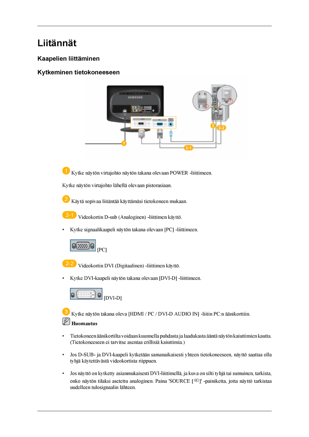 Samsung LS19CFEKF/EN, LS19CFVKF/XE manual Liitännät, Kaapelien liittäminen Kytkeminen tietokoneeseen 