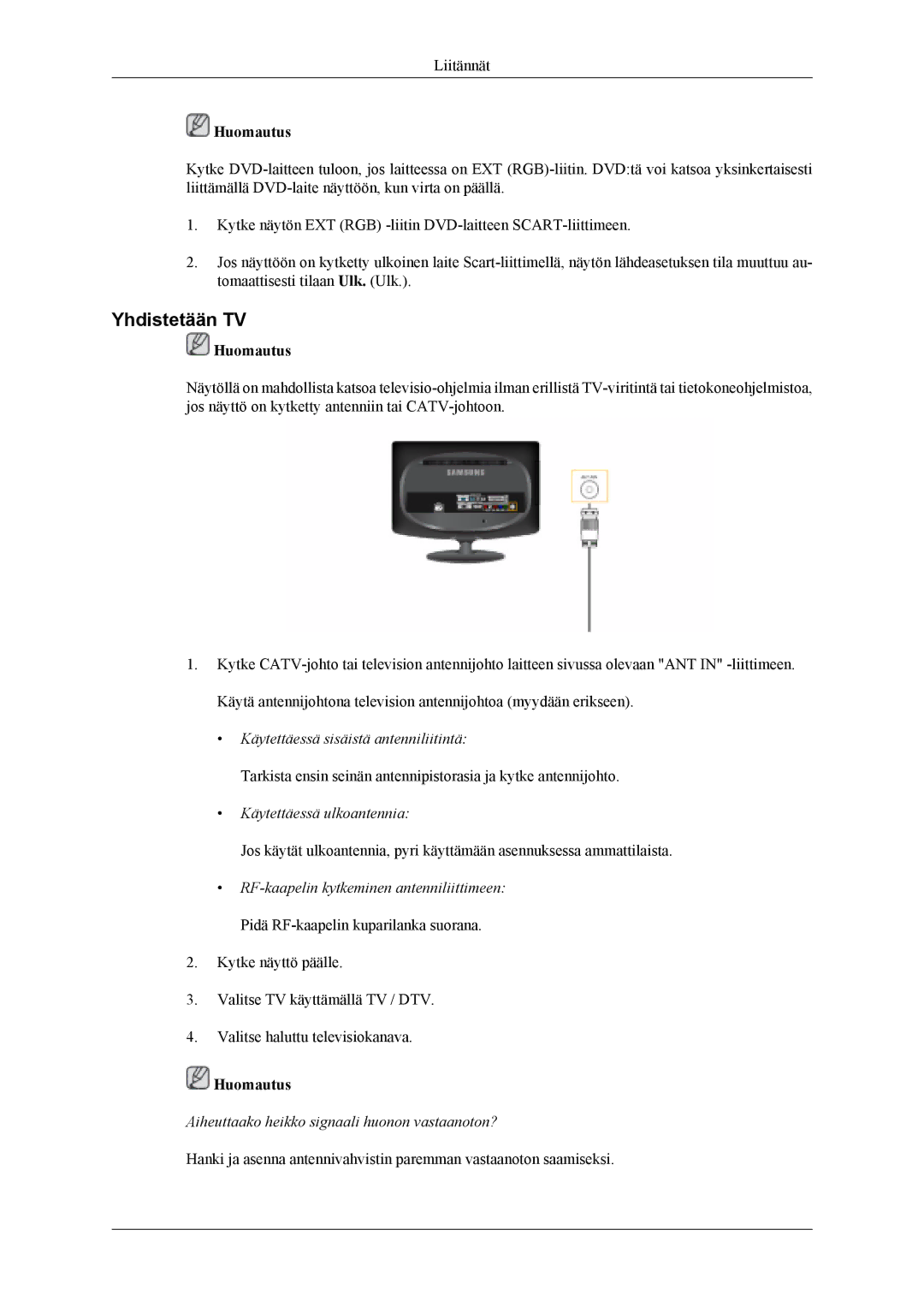 Samsung LS19CFEKF/EN, LS19CFVKF/XE manual Yhdistetään TV, Käytettäessä ulkoantennia 