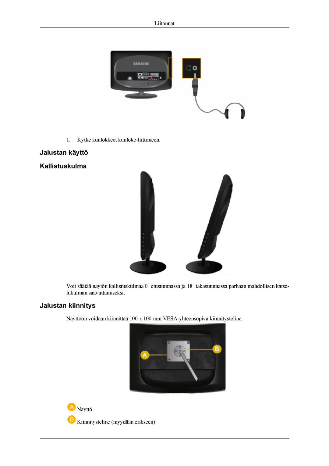 Samsung LS19CFEKF/EN, LS19CFVKF/XE manual Jalustan käyttö Kallistuskulma, Jalustan kiinnitys 