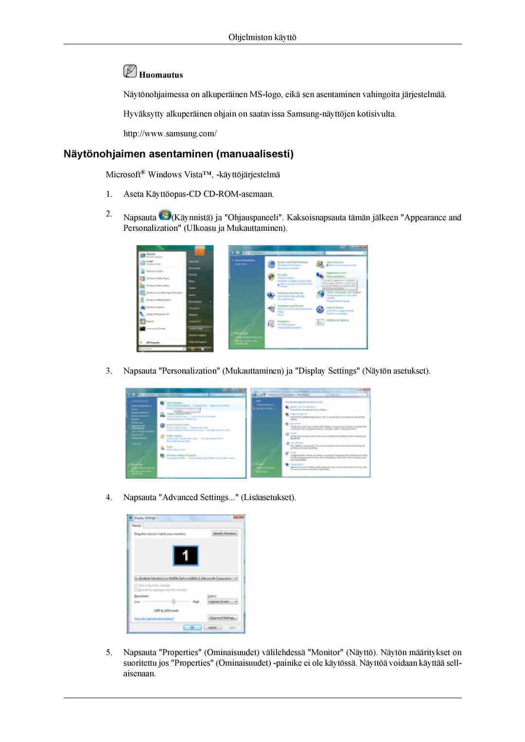 Samsung LS19CFVKF/XE, LS19CFEKF/EN manual Näytönohjaimen asentaminen manuaalisesti 